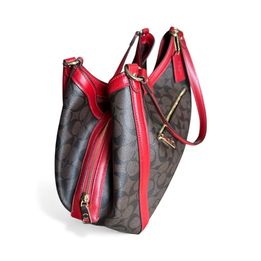 ✨ Coach Signature Zip Shoulder Bag Red Trim Brown Black Canvas NWOT✨ - Picture 6 of 13